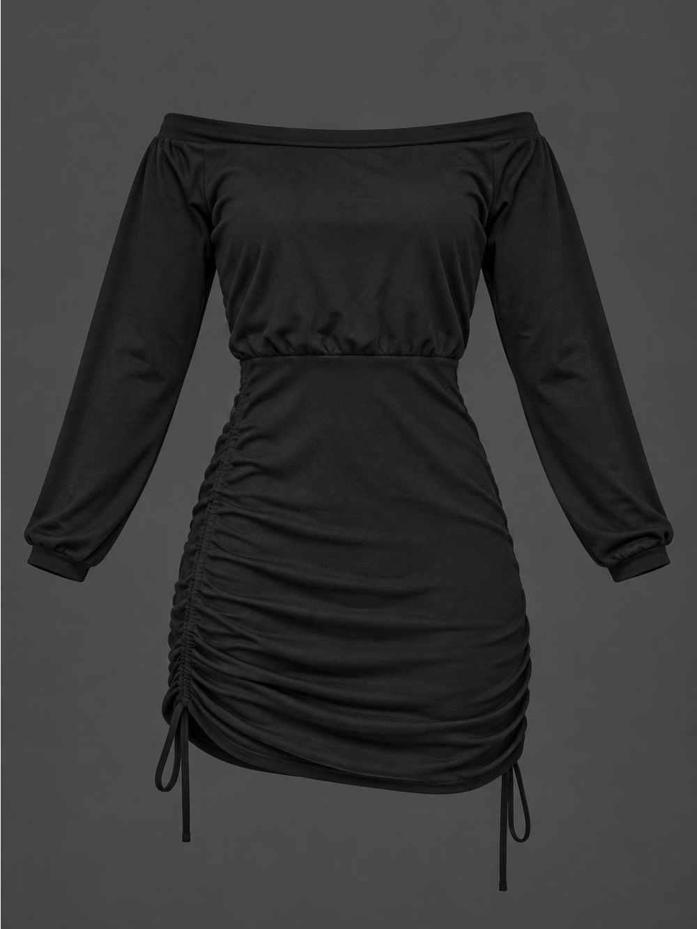 Fashion Nova Black Draped Ruched Long-Sleeve Mini Dress